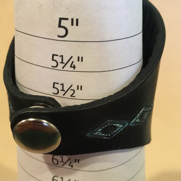 Tooled Leather Cuff Bracelet with Labradorite Gemstone Inlay Boho Mandala Cuff - Picture 12 of 12